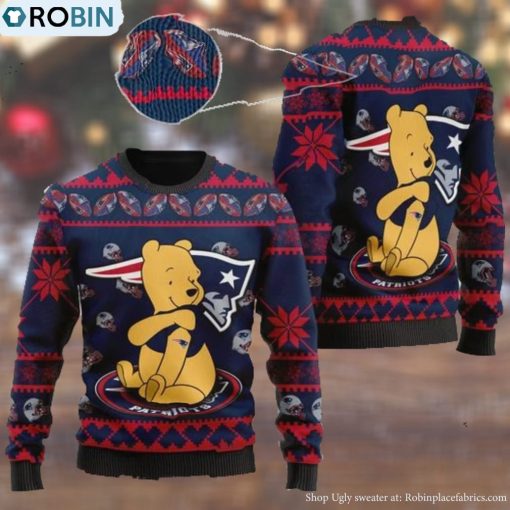 New England Patriots NFL American Football Team Logo Cute Winnie The Pooh Bear 3D Ugly Christmas Sweater
