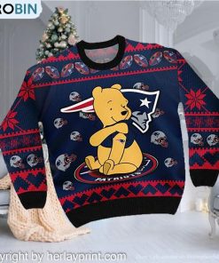 New England Patriots NFL American Football Team Logo Cute Winnie The Pooh Bear 3D Ugly Christmas Sweater