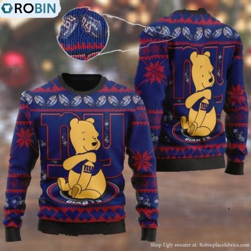 New York Giants NFL American Football Team Logo Cute Winnie The Pooh Bear 3D Ugly Christmas Sweater
