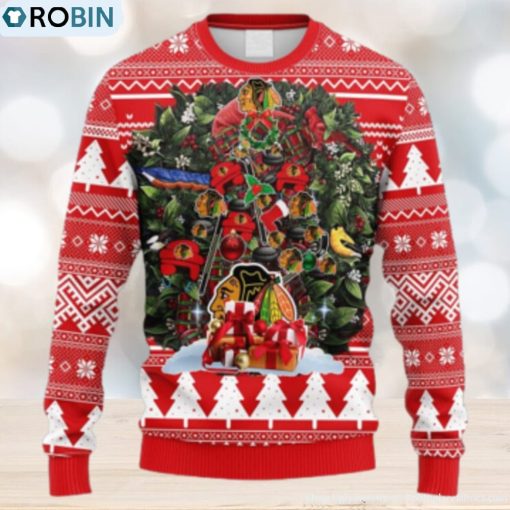 NHL Logo Chicago Blackhawks Tree Ball Christmas Red Ugly Sweater For Men Women