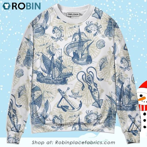 Ocean Life Vintage Sailboat Sea Monster Geographical Maps Christmas Ugly Sweater, Sweatshirt