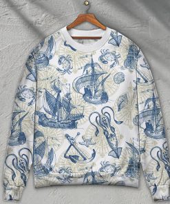 Ocean Life Vintage Sailboat Sea Monster Geographical Maps Christmas Ugly Sweater, Sweatshirt