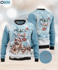 Peace Love Joy Akita Puppy Santa Hat Christmas Ugly Sweater Mens Peace Love Joy Akita Puppy Santa Hat Christmas Ugly Sweater Mens