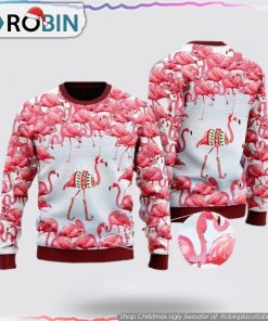 Pink Flamingo Christmas Village Ugly Sweater