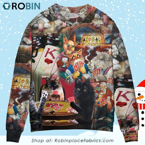 Poker Beautiful Cats Play Poker Christmas Ugly Sweater, Sweatshirt