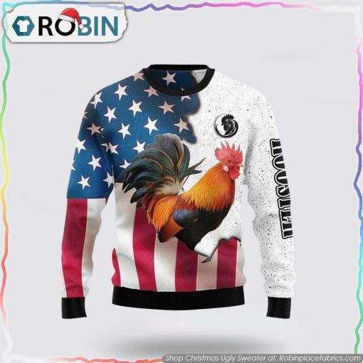 Rooster American Flag Ugly Christmas Sweater Gifts For Pet Lover