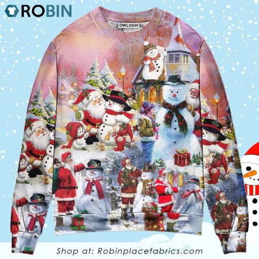 Santa And Snowman Christmas Snow Village Ugly Christmas Sweater