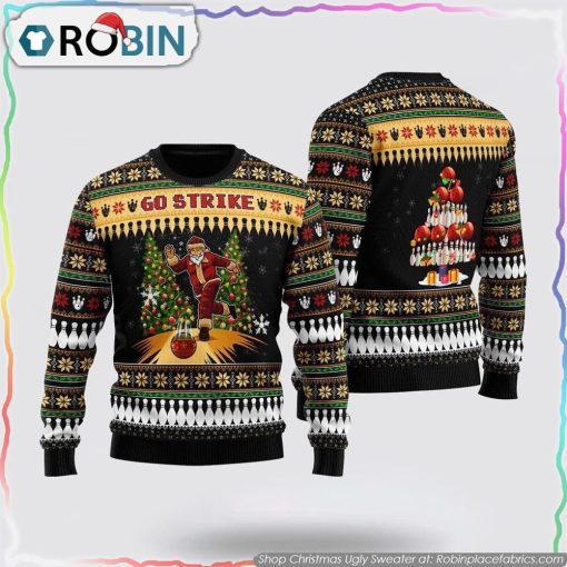 Santa Bowling Go Strike Ugly Christmas Sweater Christmas Gift For Bowling Enthusiasts