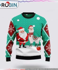 Santa Claus & Llama Ugly Sweater Festive Green & Red Snowflake Design