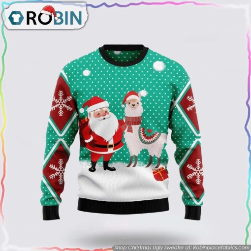 Santa Claus & Llama Ugly Sweater Festive Green & Red Snowflake Design