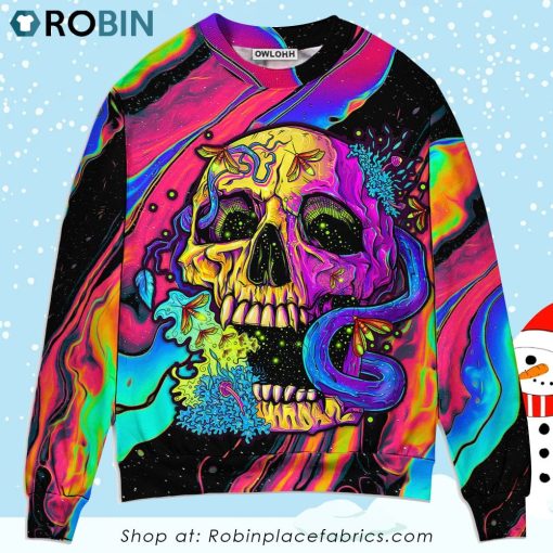 Skull And moth Night Butterfly Neon Style Christmas Ugly Sweater, Sweatshirt