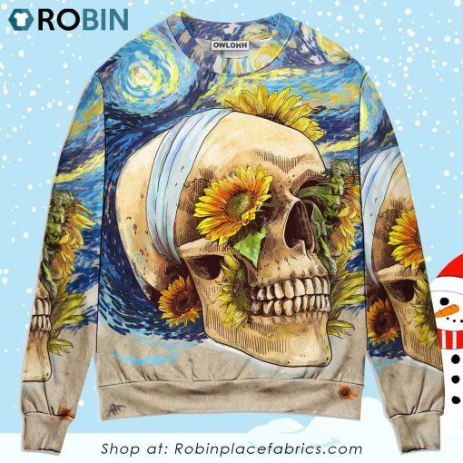 Skull And Sunflower Vintage Amazing Starry Night Ugly Christmas Sweater