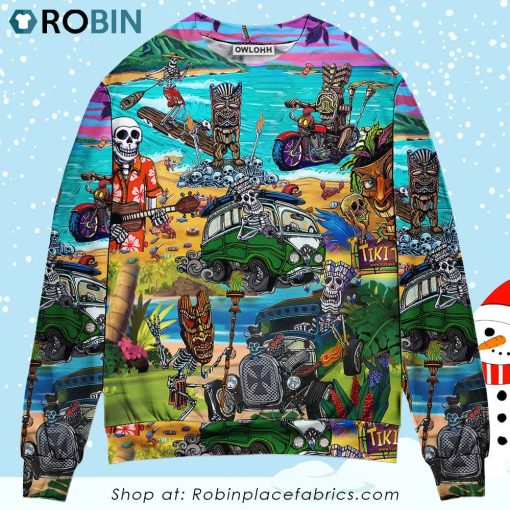 Skull And Tiki Summer Vibe Christmas Ugly Sweater, Sweatshirt