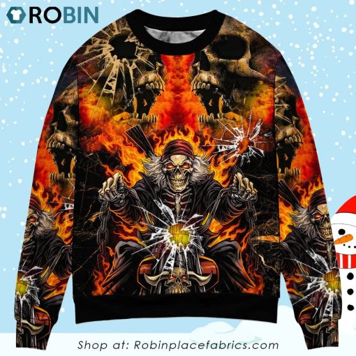 Skull Biker Crazy Art Style Sweater Christmas Ugly Sweater, Sweatshirt