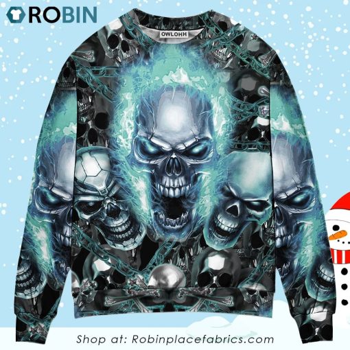 Skull Blue Flame Screaming Ugly Christmas Sweater