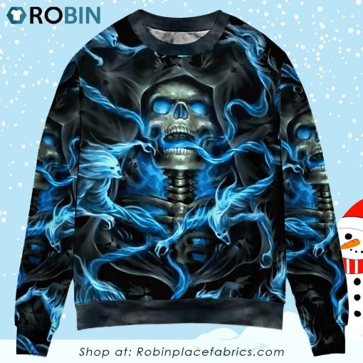 Skull Blue Smoke Flaming Sweater Ugly Christmas Sweater