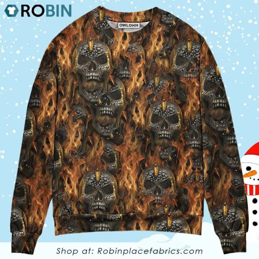 Skull Bullet Head Shot Fire Christmas Ugly Sweater, Sweatshirt