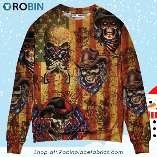 Skull Cowboy America Retro Christmas Ugly Sweater, Sweatshirt