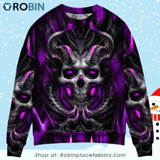 Skull Dark Purple Fire Lighting Ugly Christmas Sweater