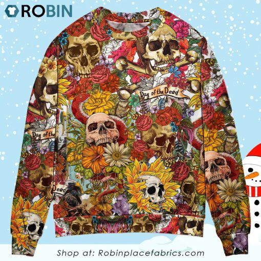 Skull Day Of The Dead Flower Skull Sweater Ugly Christmas Sweater