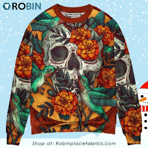 Skull Floral Skull Hummingbird Christmas Ugly Sweater, Sweatshirt