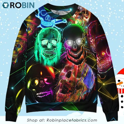 Skull Glowing Neon Light Christmas Ugly Sweater, Sweatshirt