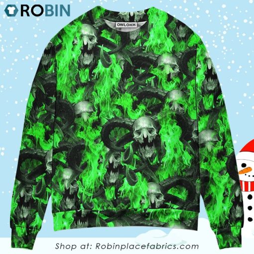 Skull Green Flame Burn Christmas Ugly Sweater, Sweatshirt
