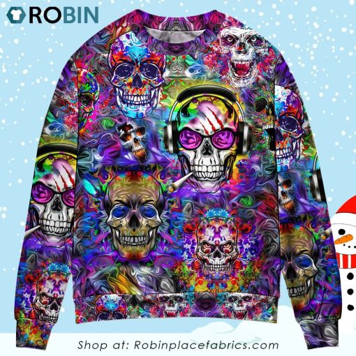 Skull Hippie Colorful Art Style Sweater Ugly Christmas Sweater