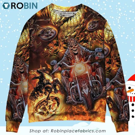 Skull Motorcycle Racing Fast Fire Ugly Christmas Sweater