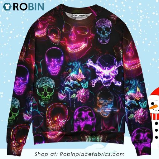 Skull Neon Art Happy Holiday Ugly Christmas Sweater