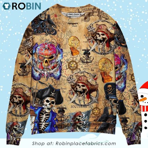 Skull Pirate Hunting Treasure Map Christmas Ugly Sweater, Sweatshirt