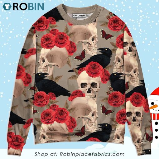 Skull With Rose Flower And Raven Gothic Style Ugly Christmas Sweater