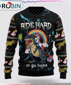 Unicorn Dinosaur Unicorn Ride Hard Christmas Ugly Sweater
