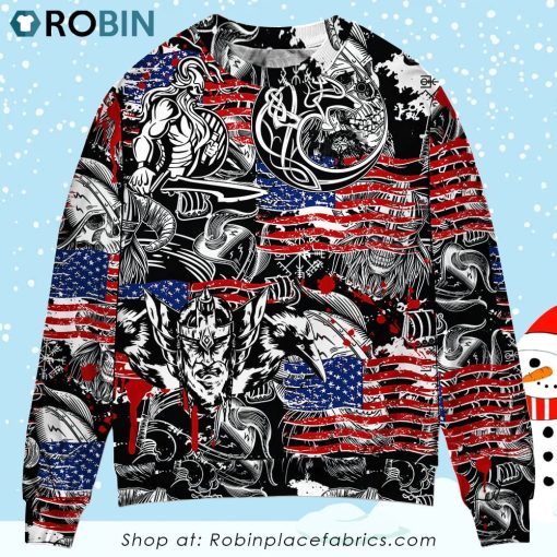 Viking Independence Day Odin Warrior And Wolf Sweater 3D Printed Christmas Ugly Sweater