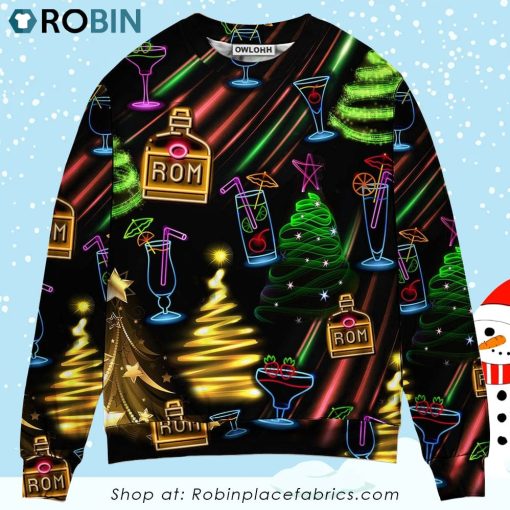Wine Rum Christmas Neon Art Drinking Christmas Ugly Sweater, Sweatshirt