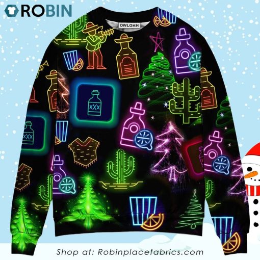 Wine Tequila Christmas Neon Art Drinking Christmas Ugly Sweater, Sweatshirt
