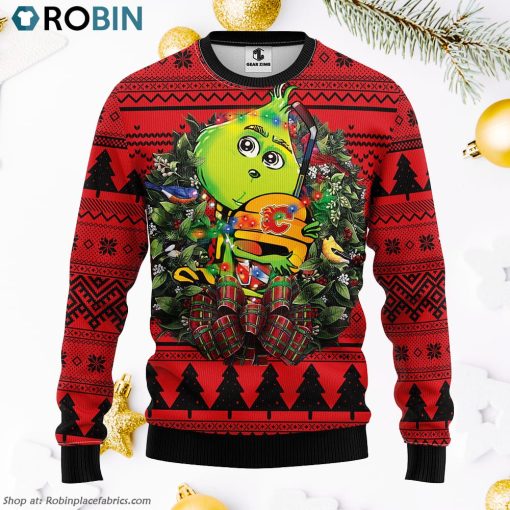 Calgary Flames Grinch Hug Ugly Christmas Sweater