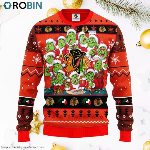 Chicago Blackhawks 12 Grinch Xmas Day Ugly Christmas Sweater