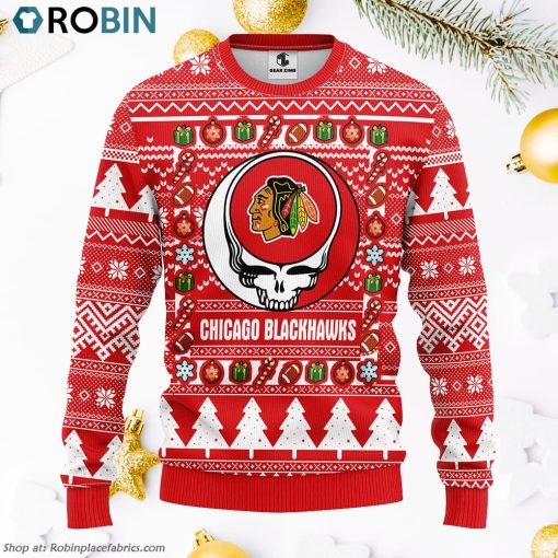 Chicago Blackhawks Grateful Dead Ugly Christmas Fleece Sweater