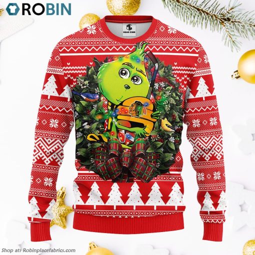 Chicago Blackhawks Grinch Hug Ugly Christmas Sweater