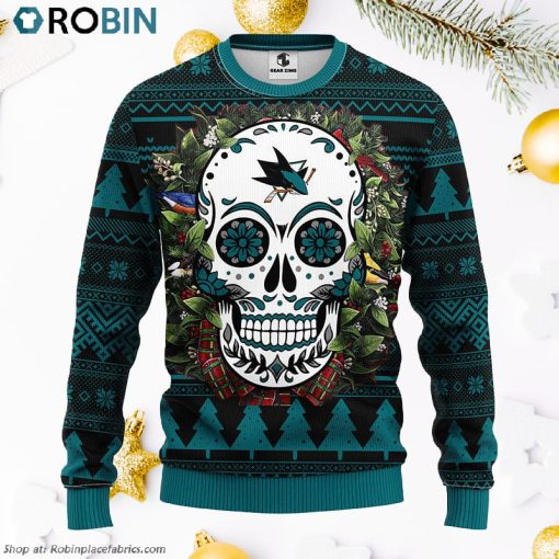 San Jose Sharks Skull Flower Ugly Christmas Sweater