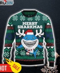 Artful Shark In Ocean Merry Sharkmas Gift For Christmas Ugly Christmas Sweater
