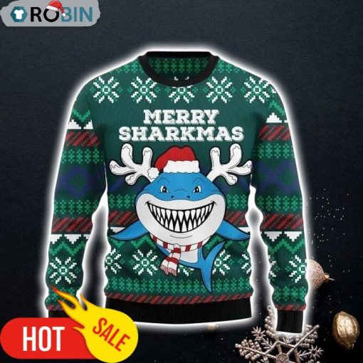 Artful Shark In Ocean Merry Sharkmas Gift For Christmas Ugly Christmas Sweater