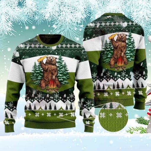 Bear Beer Campfire Christmas Ugly Sweater Camping Lover Bear And Beer Christmas Sweater