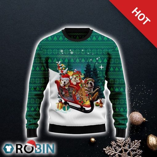 Bulldog Sleigh Ugly Christmas Sweater, Pet Lover Christmas Sweater