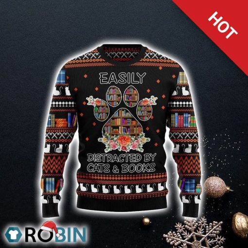 Cat And Books Ugly Christmas Sweater For Cat Lover Christmas