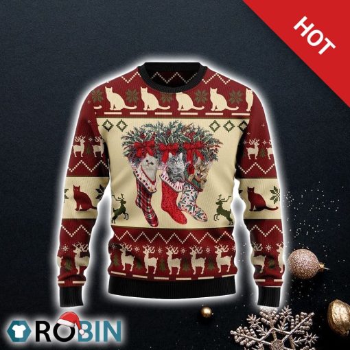 Cat And Sock Xmas Ugly Christmas Sweater For Cat Lover Christmas