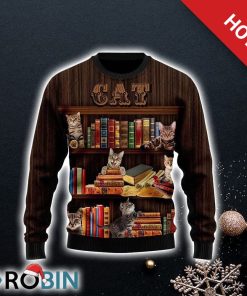 Cat Bookcase Ugly Christmas Sweater For Cat Lover Christmas