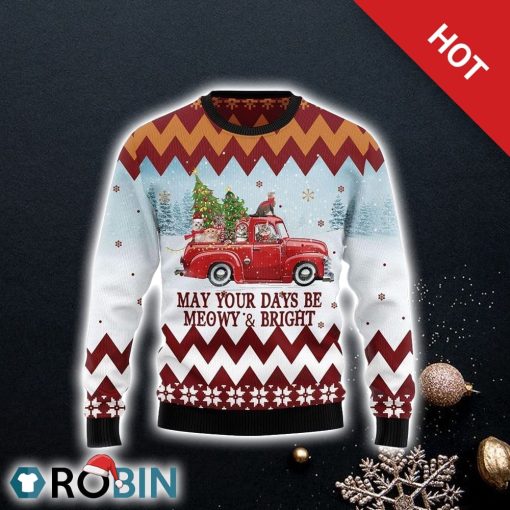 Cat Red Truck Ugly Christmas Sweater For Cat Lover Christmas