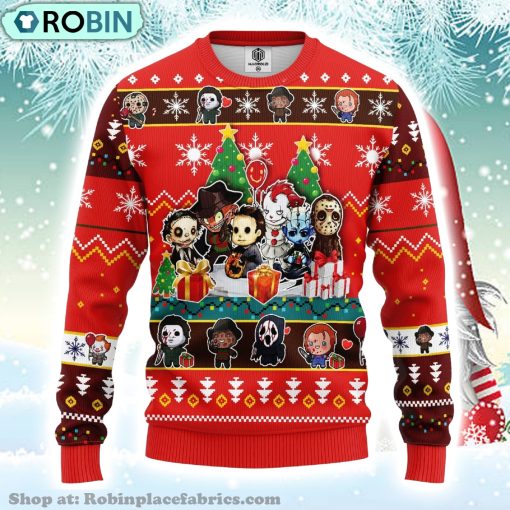 Chibi Horror Movie Characters Halloween Ugly Christmas Sweater